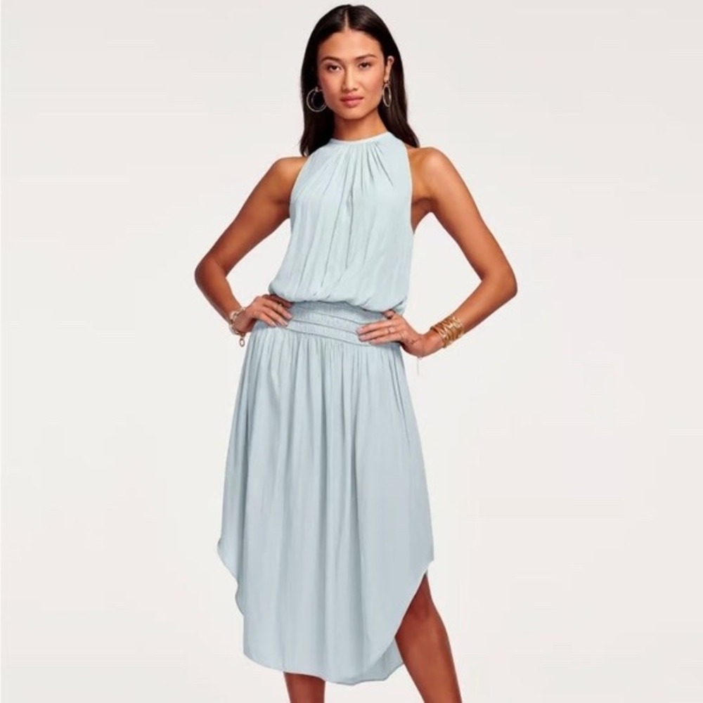 Ramy Brook Audrey Dress Blue Satin Sleeveless Smocked Waist Halter Midi XS